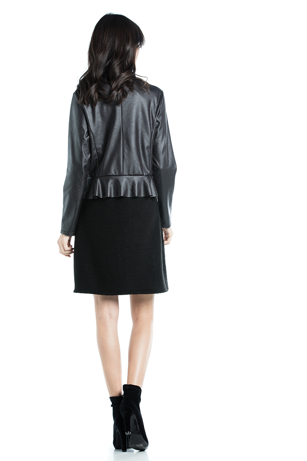 Long jacket in synthetic leather and knit