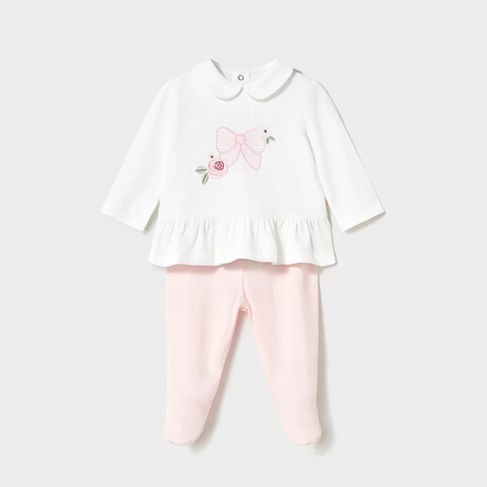 Conjunto calças com pés e camisa recém nascido - Rosa bebé - Armazéns Ronfe