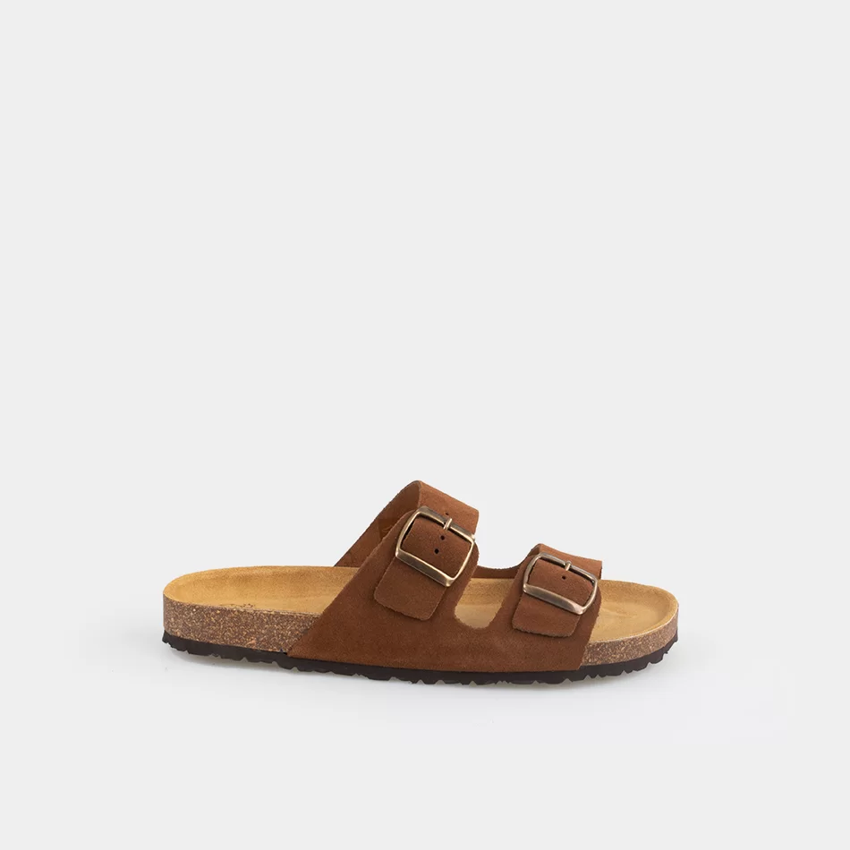 Chinelo de camurça com duas fivelas - Camel1 - Armazéns Ronfe