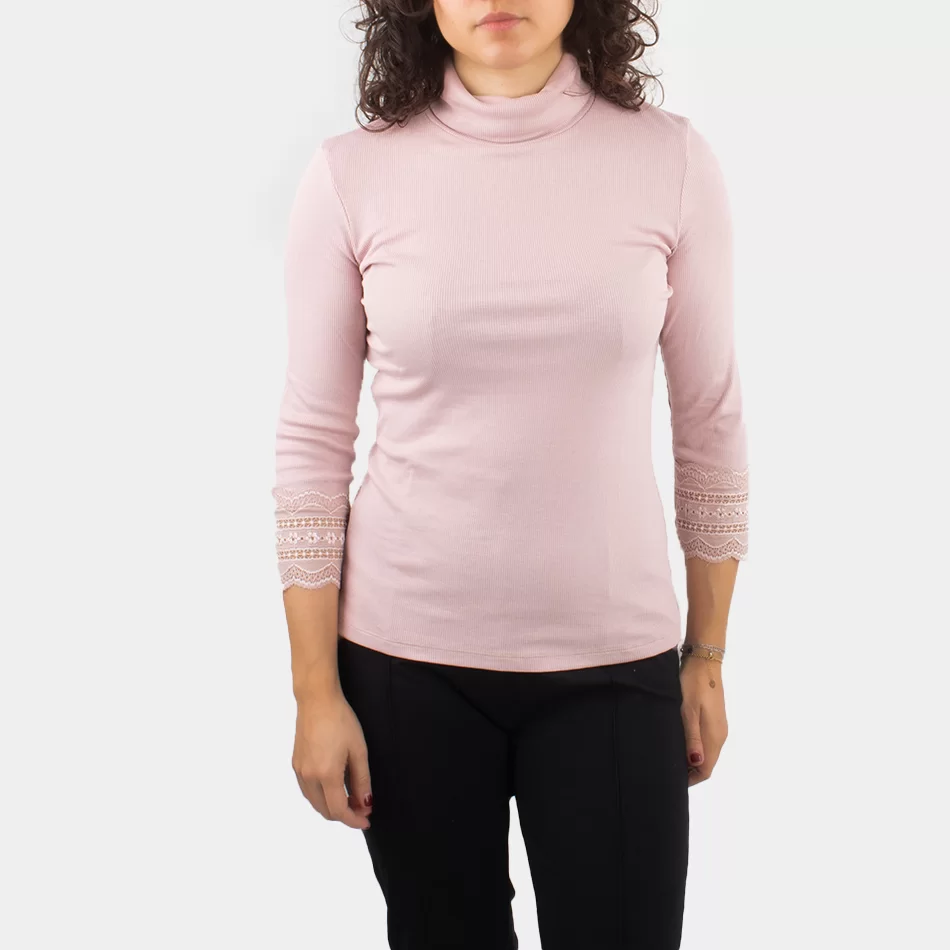 Camisola Canelada Decote V - Rosa - Armazéns Ronfe