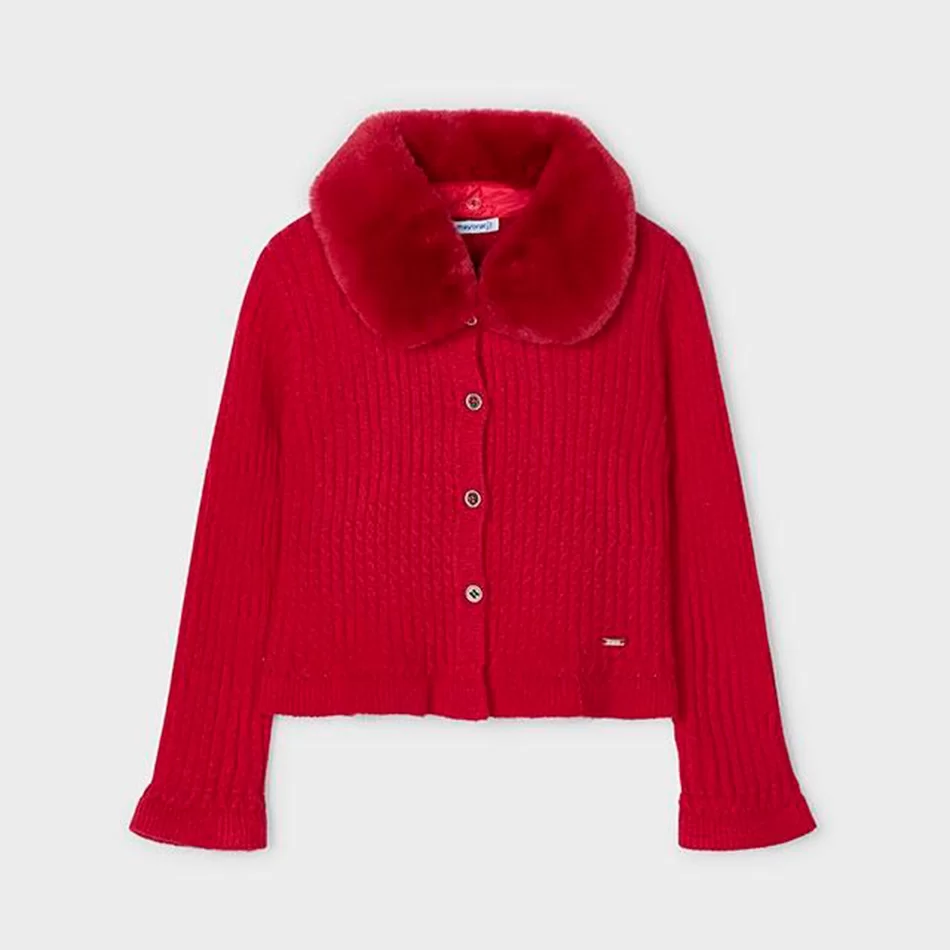 Casaco tricot gola pelo menina - Vermelho - Armazéns Ronfe